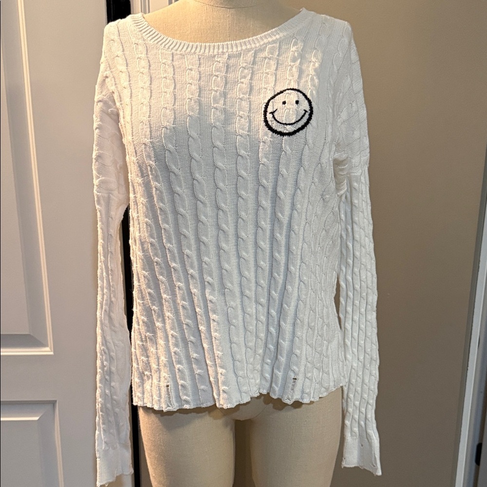 J. SOCIETY White Cable Knit Varsity Smiley Crew Sweater S Distressed Hem/Sleeves